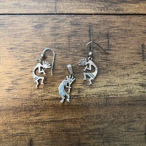 Kokopelli Opal Inlay Sterling Silver Pendant and Earrings